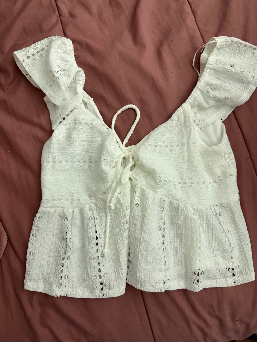 T.J.Maxx White Eyelet Tie-Front Ruffle Sleeve Crop Top